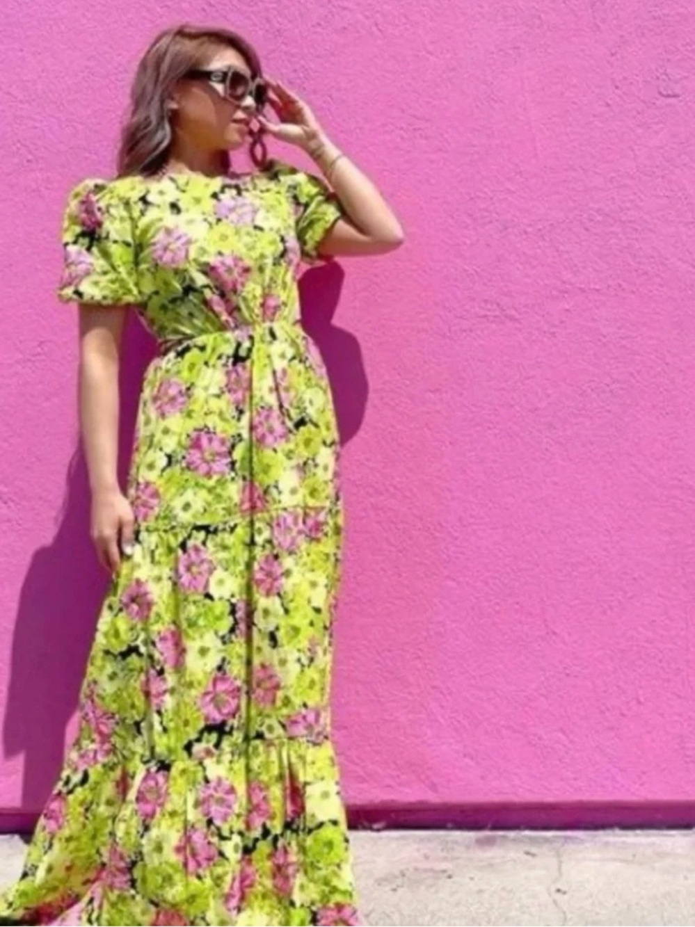 Wayf Lime Green Maxi Dress with Pink Floral Print